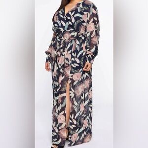 ✨ Fashion Nova Navy Feather Print Maxi Dress‎ Tie Waist Slit NWT ✨